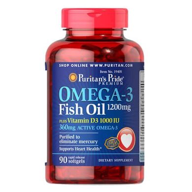 (Термін - 31.08.2024) Puritan's Pride Omega-3 Fish Oil plus Vitamin D3 90 капс Омега-3