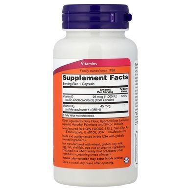 NOW Vitamin D3 & K2 1000IU/45mcg 120 рідких капсул Вітамін D3 + K-2