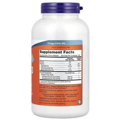 NOW Omega-3 Fish Oil 1,000 mg 200 Fish Softgels Омега-3