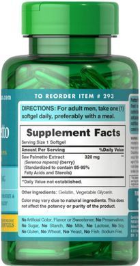 Puritan's Pride Saw Palmetto Standardized Extract 320 mg 60 рідких капсул Со Пальметто