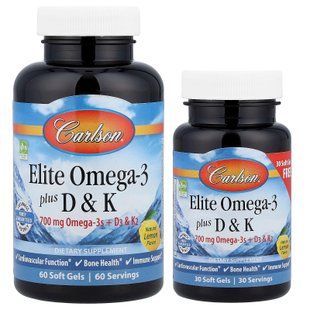 Carlson Elite Omega-3 Plus D & K Natural Lemon 60+30 softgels Омега-3