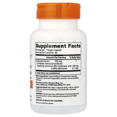 Doctor's Best Ultra Cordyceps 750 mg 60 растительных капсул Грибы