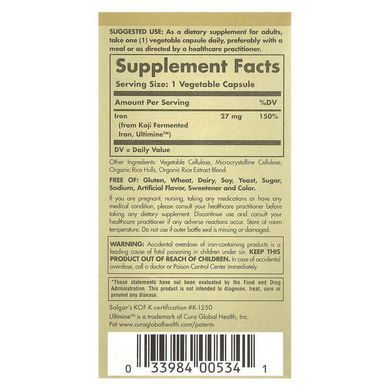 Solgar Koji Fermented Iron 27 mg 30 веганських капсул (02.2027) Залізо