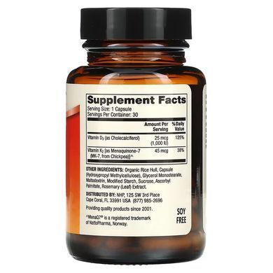 Dr. Mercola Vitamins D3 & K2 Low Dose 1000IU/45mcg 30 капсул (04.2027) Вітамін D3 + K-2