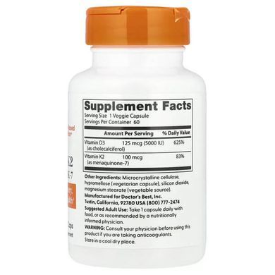 Doctor's Best Vitamin D3 + K2 MK-7 5000IU/100mcg 60 растительных капсул Витамин D3 + K-2