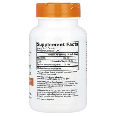 Doctor's Best Betaine - Pepsin & Gentain Bitters 120 капсул Бетаїн