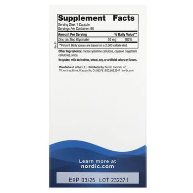 Nordic Naturals Zinc Glycinate 20 mg 60 капсул Цинк