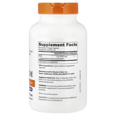 Doctor's Best MSM with OptiMSM 3,000 mg 180 вегетарианских капсул (30.04.2027) MSM (Сера)