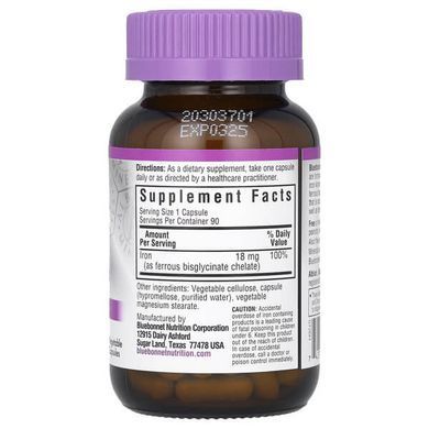 Bluebonnet Chelated Iron 18 mg 90 рослинних капсул Железо