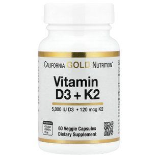 California Gold Nutrition Vitamin D3 + K2 5000IU/120mcg 60 капсул Вітамін D3 + K-2