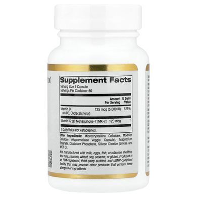 California Gold Nutrition Vitamin D3 + K2 5000IU/120mcg 60 caps Витамин D3 + K-2
