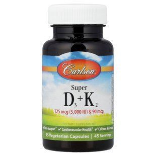Carlson Super D3 + K2 5000IU/90mcg 45 растительных капсул Витамин D3 + K-2