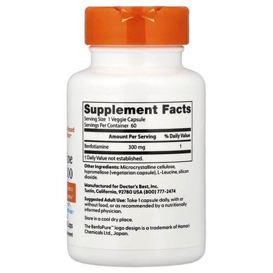 Doctor's Best Benfotiamine 300 with BenfoPure 300 mg 60 Veggie Caps Тиамин (В-1)