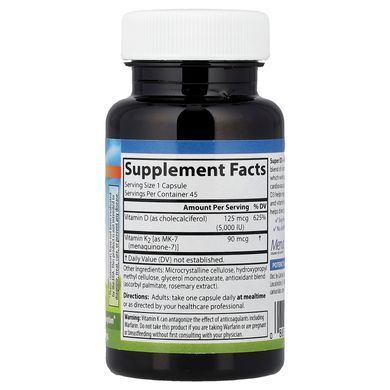 Carlson Super D3 + K2 5000IU/90mcg 45 растительных капсул Витамин D3 + K-2