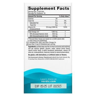 Nordic Naturals Ultimate Omega-D3 (1280 mg) 60 рідких капсул Омега-3