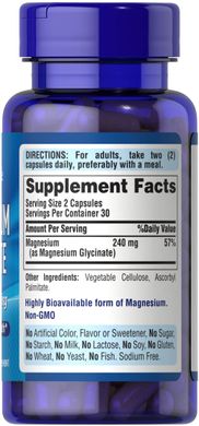 Puritan's Pride Magnesium Glycinate 240 mg 60 капсул Магній