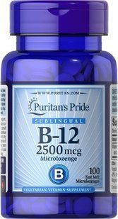Puritan's Pride Vitamin B-12 2500 mcg Sublingual 100 сосательных таблеток (10.2026) Кобаламин (B-12)