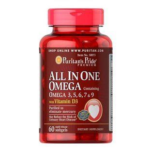 Puritan's Pride All In One Omega 3, 5, 6, 7 & 9 with Vitamin D3 60 рідких капсул (Тріснуті капсули) Омега-3