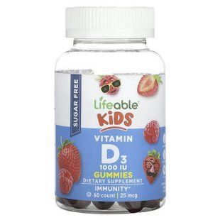 Lifeable Kids Vitamin D3 Sugar Free 25 mcg (1,000 IU) 60 жувальних цукерок (03.2027) Вітамін D3 та D3+K2 для дітей