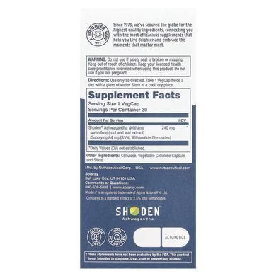 Solaray Ashwagandha 240 mg 30 растительных капсул Ашваганда
