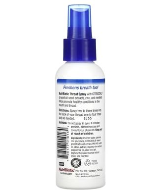 NutriBiotic Throat Spray with Grapefruit Seed Extract plus Zinc & Menthol 118 ml Грейпфрутовые косточки (GSE)