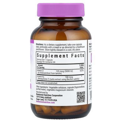Bluebonnet Vitamin D3 & K2 5000IU/100mcg 60 капсул Вітамін D3 + K-2