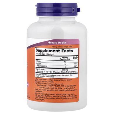 NOW Caprylic Acid 600 mg 100 рідких капсул Каприлова кислота