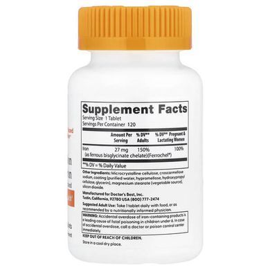 Doctor's Best High Absorption Iron with Ferrochel 27 mg 120 табл. Железо