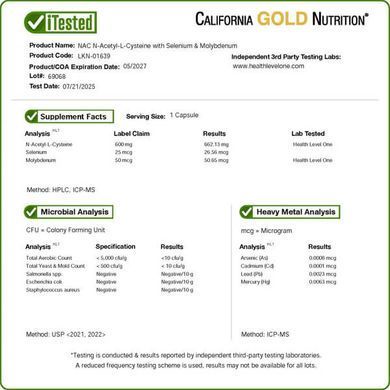 California Gold Nutrition NAC 120 рослинних капсул NAC (N-ацетил-L-цистеїн)