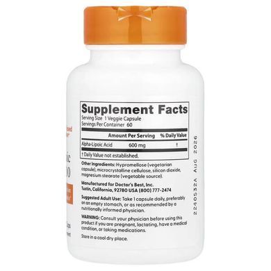 Doctor's Best Alpha-Lipoic Acid 600 mg 60 капсул Альфа-ліпоєва кислота