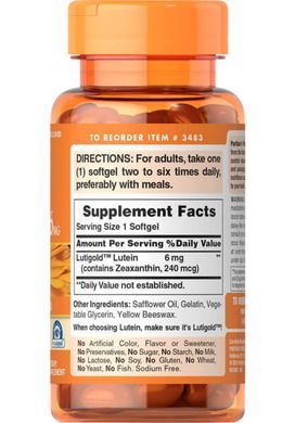 Puritan's Pride Lutein 6 mg with Zeaxanthin 200 softgels Лютеин