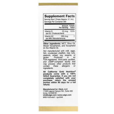 California Gold Nutrition Vitamin D3 + K2 as MK4 25 30 мл Вітамін D3 + K-2