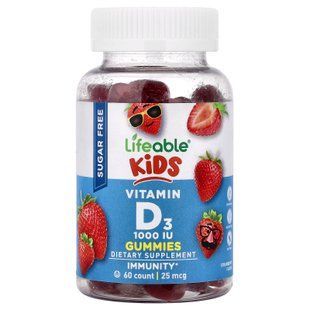 Lifeable Kids Vitamin D3 (Sugar Free) 25 mcg (1000 IU) 60 жувальних цукерок Вітамін D3 та D3+K2 для дітей