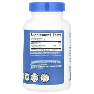 Nutricost Iron Chelate From Ferrochel 18 mg 240 Capsules Железо