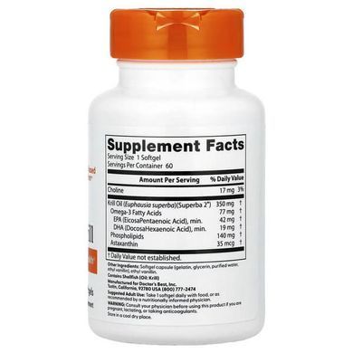 Doctor's Best Real Krill 350 mg 60 рідких капсул Олія криля (Krill oil)