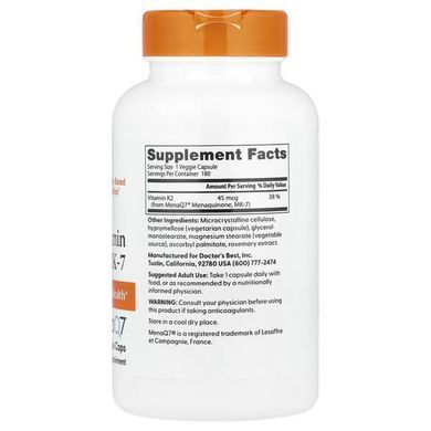 Doctor's Best Vitamin K2 MK-7 45 mcg 180 вегетаріанських капсул Вітамін К