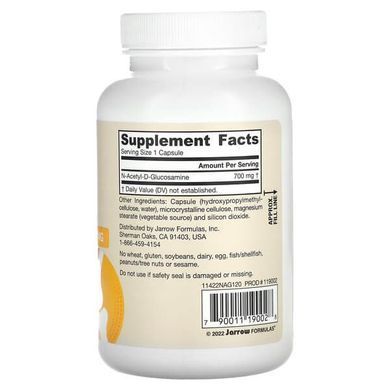 Jarrow Formulas N-A-G 700 mg 120 растительных капсул Глюкозамин и хондроитин