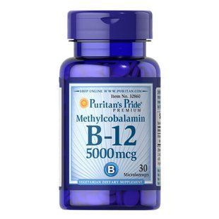 Puritan's Pride Vitamin B-12 Methylcobalamin 5000 mcg 30 смоктальних таблеток (03.2027) Кобаламін (B-12)