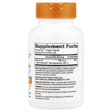 Doctor's Best Vitamin K2 MK-7 100 mcg 60 рослинних капсул Вітамін К