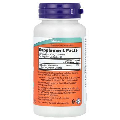 NOW Magnesium Citrate 60 растительных капсул Магний