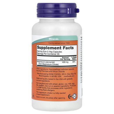 NOW Magnesium Citrate 60 растительных капсул Магний