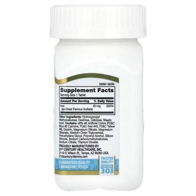 21st Century Slow Release Iron 45 mg 60 таблеток Залізо
