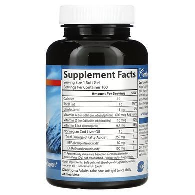 Carlson Wild Norwegian Cod Liver Oil Gems 1,000 mg 100 капсул Омега-3