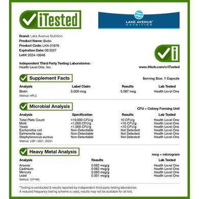 Lake Avenue Nutrition Biotin 5,000 mcg 30 вегетарианских капсул Биотин (B-7)