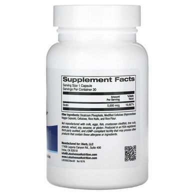Lake Avenue Nutrition Biotin 5,000 mcg 30 вегетарианских капсул Биотин (B-7)