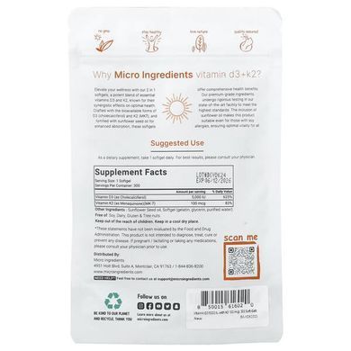 Micro Ingredients Vitamin D3 + K2 5000IU/100mcg 300 softgels Витамин D3 + K-2