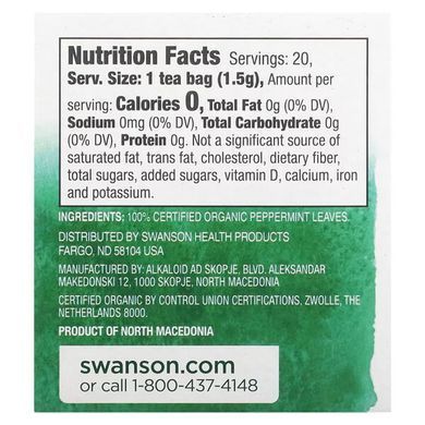 Swanson 100% Organic Peppermint Tea 20 пакетиків Чай та Кава