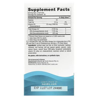 Nordic Naturals Ultimate Omega-D3 2X (2150 mg/1000 IU) 60 рідких капсул Омега-3