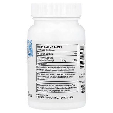 Thorne Zinc Bisglycinate 30 mg 60 капсул Цинк