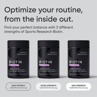 Sports Research Biotin 10,000 mcg (Max Strength) 120 Veggie Softgels Биотин (B-7)